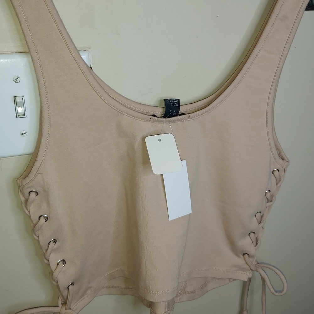 Ambiance Beige Laced-up Side Corset Cropped Top